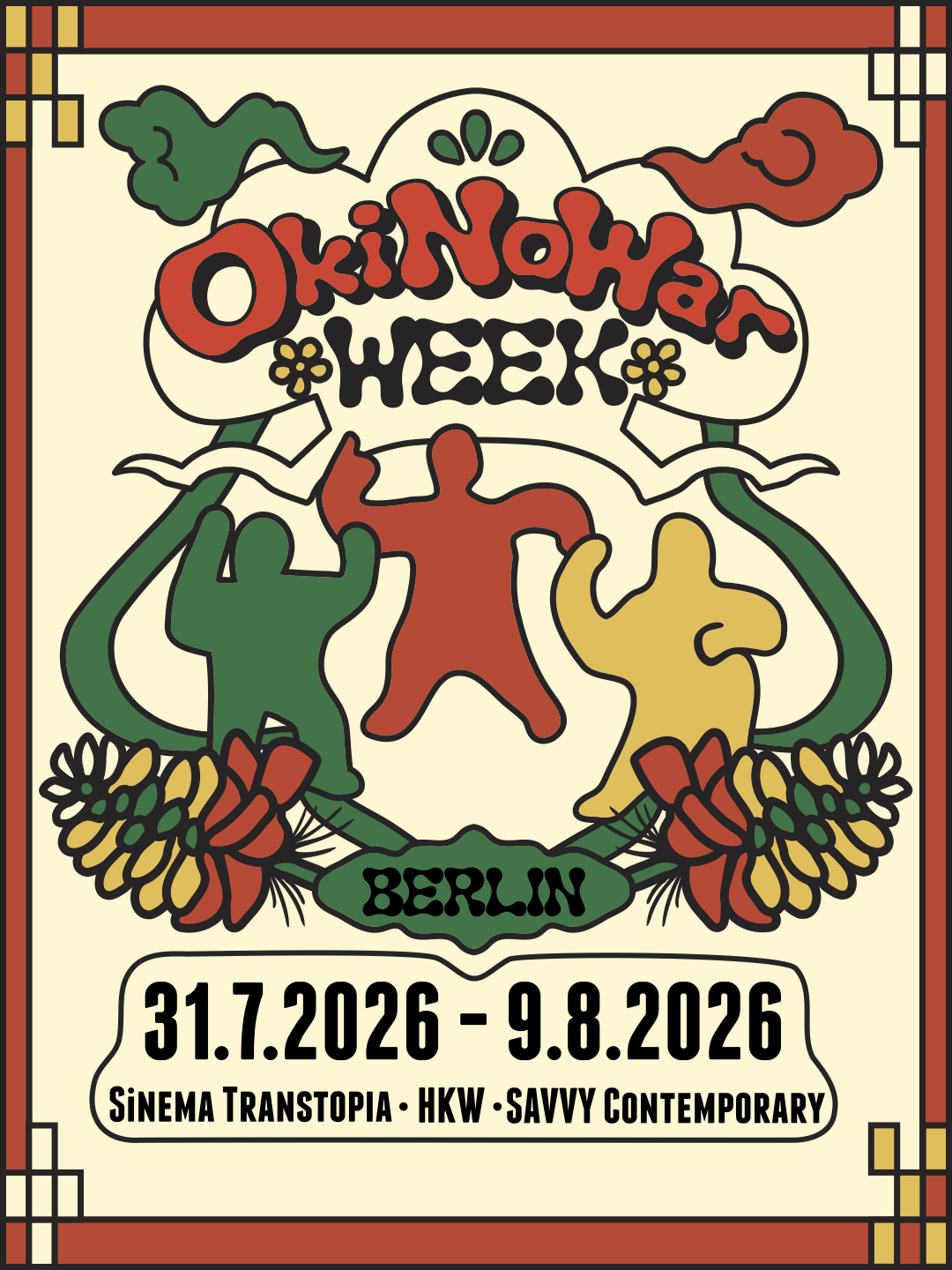 OkiNoWar WEEK 2026 poster — three dancing figures, Okinawan flowers, Berlin